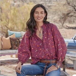 Sundance Dorthea Bloom Floral Top Burgundy Boho Button Up Women’s Large